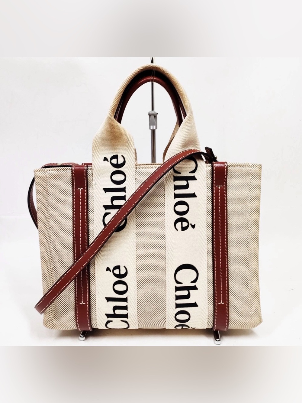 Chloé Woody logo strap Cream Canvas linen Tote with Brown Leather Trim